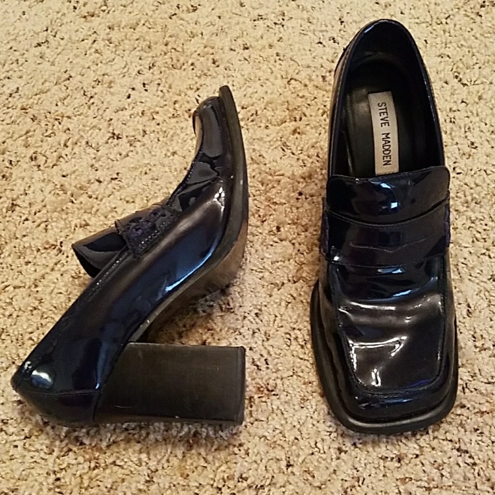 Steve Madden blue shiny penny loafer platforms